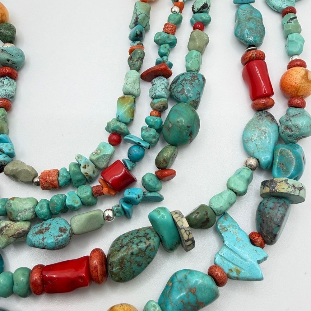 AMAZING ~20" 5 strands of Coral, Silver, TURQUOISE beads w/ VTG 925 TAXCO clasp! - Picture 5 of 13